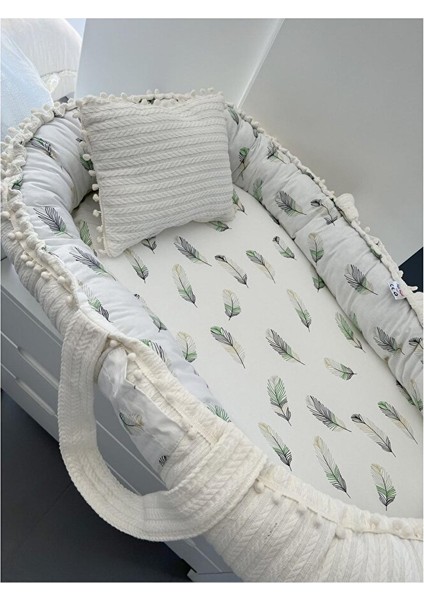 Organik Örgü Kumaş Lüks Babynest Anne Yanı Yatak, Tüy Desenli 1 Adet