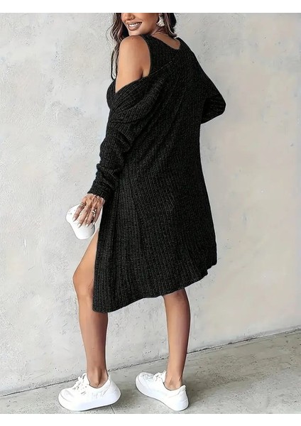 Kadın Askılı Yuvarlak Yakalı Önü Düğmeli Şardonlu Kaşkorse Mini Elbise ve Kısa Ceket modelleri