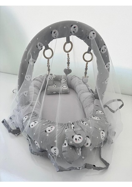 Babynest Lüks Tasarım Ortopedik Anne Yanı Bebek Yatağı Oyuncaklı 3'lü Set, Gri Panda 1 Adet