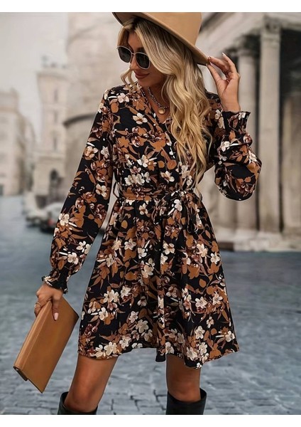 Kadın Uzun Kollu Kruvaze Yaka Çiçek Desenli Dalgıç Elbise fiyatları