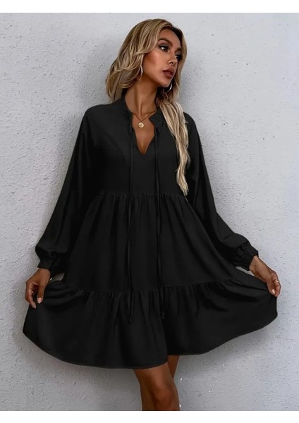 Kadın Uzun Kollu Yakadan Bağcıklı Fırfırlı Keten Mini Elbise