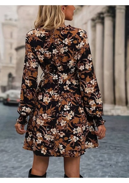 Kadın Uzun Kollu Kruvaze Yaka Çiçek Desenli Dalgıç Elbise