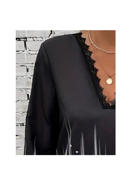 Kadın Uzun Kollu V Dantel Yaka Desenli Modal Bluz modelleri