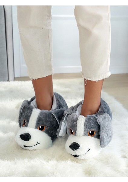 Unisex Eva Tabanlı Suni Pelüş Görünümlü Köpek Figürlü Ev Içi Rahat Terlik
