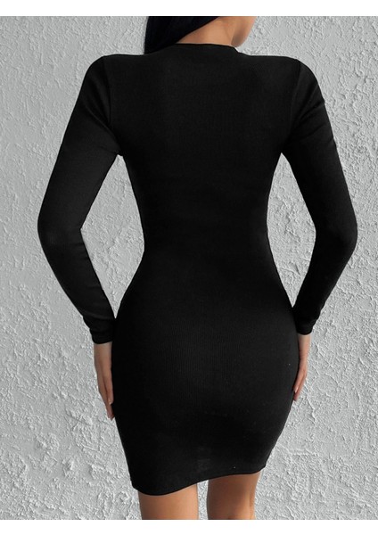 Kadın Siyah Uzun Kollu Bisiklet Yaka Yan Yırtmaç Düğme Detay Kısa Kaşkorse Elbise fırsatları