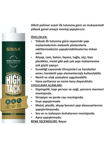 Sibax NS78 Hibrit High-Tack Montaj - Korniş Yapıştırıcısı 290 ml Beyaz modelleri