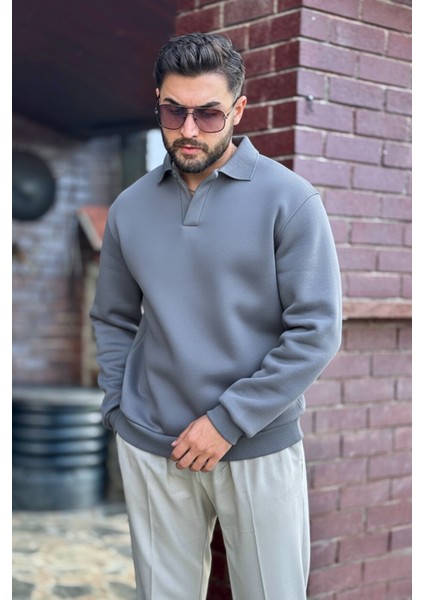 Erkek Gri Polo Yakalı Pamuklu Yumuşak Kalın Kumaşlı Oversize Sweatshirt fiyatları