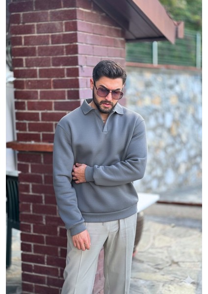 Erkek Gri Polo Yakalı Pamuklu Yumuşak Kalın Kumaşlı Oversize Sweatshirt modelleri