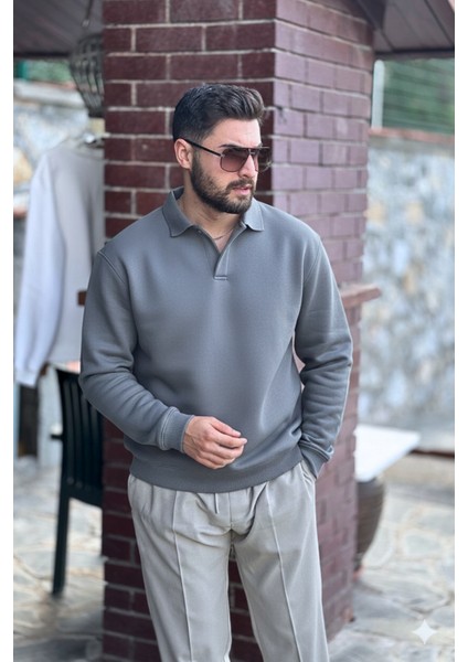 Erkek Gri Polo Yakalı Pamuklu Yumuşak Kalın Kumaşlı Oversize Sweatshirt fırsatları