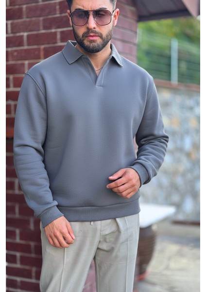 Erkek Gri Polo Yakalı Pamuklu Yumuşak Kalın Kumaşlı Oversize Sweatshirt