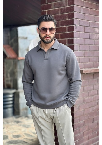 Erkek Gri Polo Yakalı Pamuklu Yumuşak Kalın Kumaşlı Oversize Sweatshirt