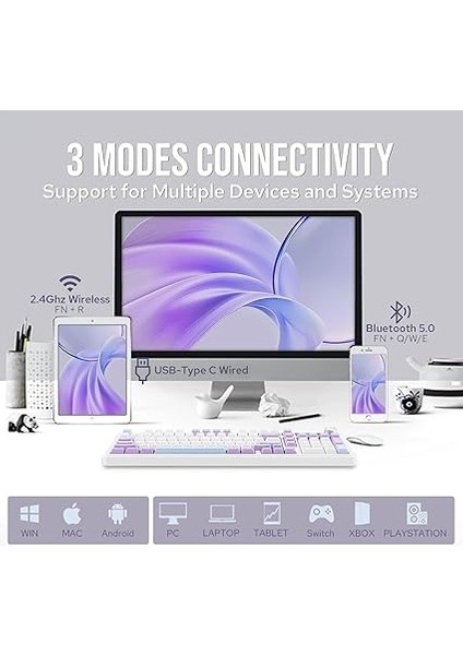 Ajazz AK980 Ekranlı Mekanik Klavye Rgb, Tam Boy Hot-Swap 3 Modlu 8000 Mah Batarya Oyun Klavyesi, Bluetooth /2.4g Kablosuz/type-C Kablolu Mor/gift Switch modelleri