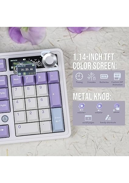 Ajazz AK980 Ekranlı Mekanik Klavye Rgb, Tam Boy Hot-Swap 3 Modlu 8000 Mah Batarya Oyun Klavyesi, Bluetooth /2.4g Kablosuz/type-C Kablolu Mor/gift Switch fırsatları