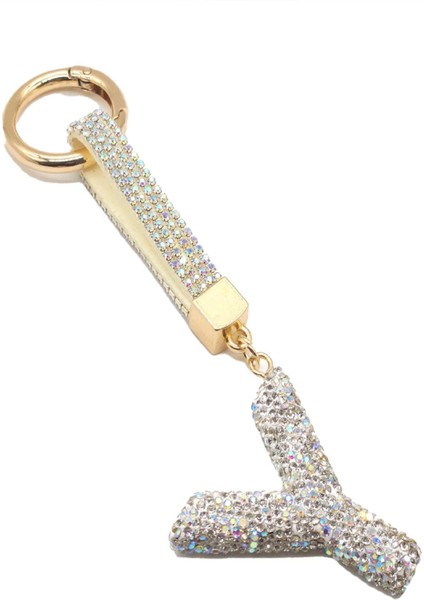 Y Harfi Taşlı Beyaz Anahtarlık Parıltılı Çanta Aksesuarı ve Anahtarlık