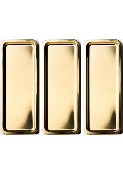 Paslanmaz Çelik Gold Renk Dikdörtgen Dar Metal Düz Sunum Tepsisi Çay Kahve Tatlı Sunum 3 Adet