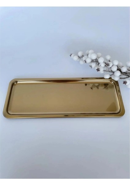 Paslanmaz Çelik Gold Renk Dikdörtgen Dar Metal Düz Sunum Tepsisi Çay Kahve Tatlı Sunum 3 Adet