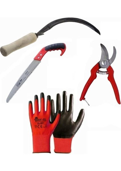 Bahçe Budama Seti Ağaç Dal Kesme Makası Testeresi Ot Çalı Orak Eldiven Seti