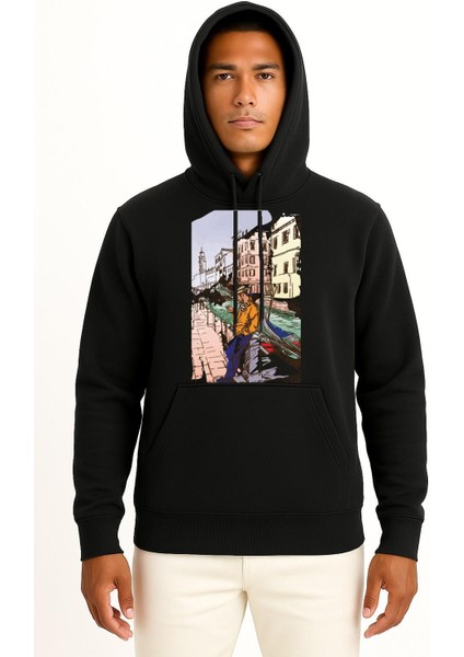 Kapüşonlu Venice Drawing Art Illustration, Venedik Göğüs Tasarımlı Unisex Sweatshirt