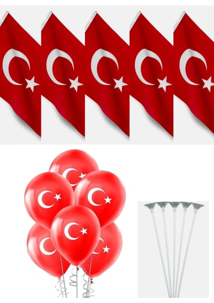 5 Kumaş Bayrak - 5 Ay Yıldızlı Balon - 5 Balon Çubuğu