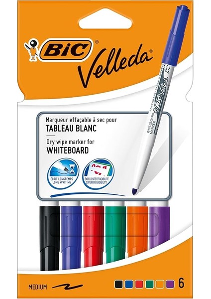 Velleda 1741 Eco Yuvarlak Uçlu Beyaz Tahta Kalemi 6'lı Paket, 6 Farklı Renk, Sabit Yuvarlak Uç, Ofis Için Ideal