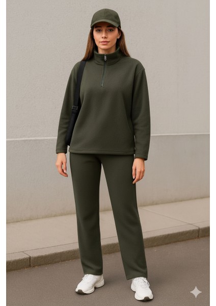 Kadın Balıkçı Yaka Fermuar Detay Polar Sweat ve Pantolon Ikili Takım