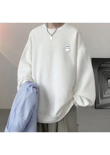 Punıx Büyük Beden Özel Tasarım Minimal Ayıcık Baskılı Kalın 3 Iplik Kışlık Erkek Sweatshırt