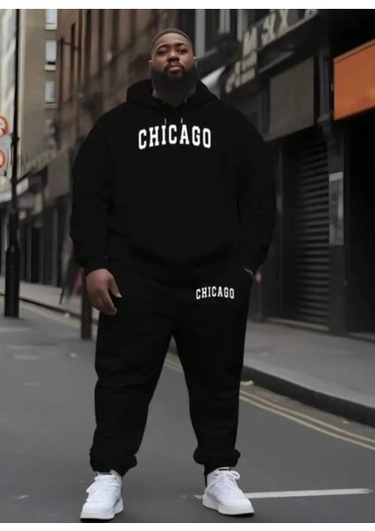 Punıx Büyük Beden Chıcago Baskılı Yüksek Kalite 3 Iplik Kalın Kumaş Kışlık Erkek Eşofman Takımı