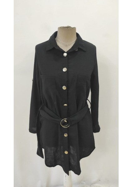 Kadın Uzun Kollu Yakalı Önden Düğmeli Beli Kuşaklı Mini Ithal Keten Elbise