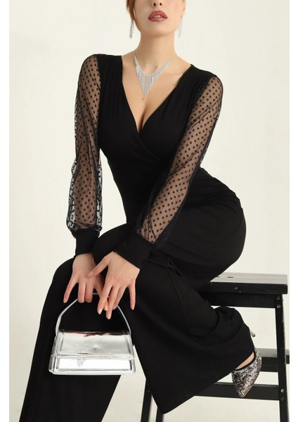 Kadın Derin V Yaka Kolları Puantiyeli Tül Detay Ispanyol Paça Tulum modelleri