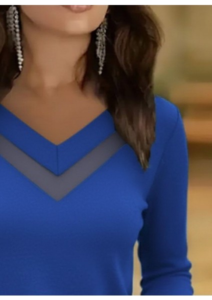 Kadın Uzun Kollu V Yakalı Tül Göğüs Dekolte Detaylı Viskon Bluz fiyatları