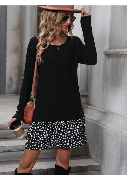 Kadın Uzun Kollu Bisiklet Yaka Şardonlu Kaşkorse Bluz ve Süprem Etek Elbise