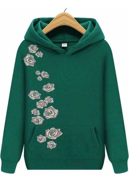 Punıx Büyük Beden Özel Tasarım Güller Baskılı Şık Kışlık Kalın 3 Iplik Kadın Sweatshırt