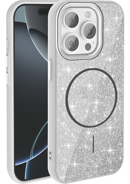 Apple iPhone 15 Pro Kılıf M-Safe Şarj Özellikli Parlayan Simli Zore Okso Kapak