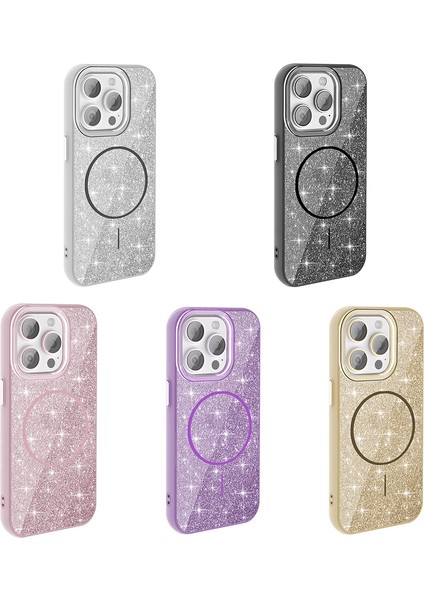 Apple iPhone 15 Pro Kılıf M-Safe Şarj Özellikli Parlayan Simli Zore Okso Kapak modelleri
