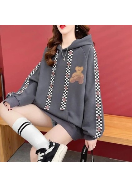 Punıx Büyük Beden Özel Tasarım Şerit Ayıcık Baskılı 3 Iplik Kalın Kışlık Kadın Sweatshırt