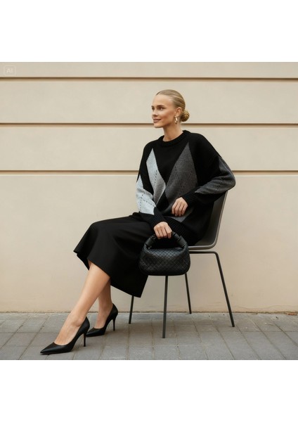 Kadın Baklava Desen Şık Bisiklet Yaka Bisiklet Yaka Kazak