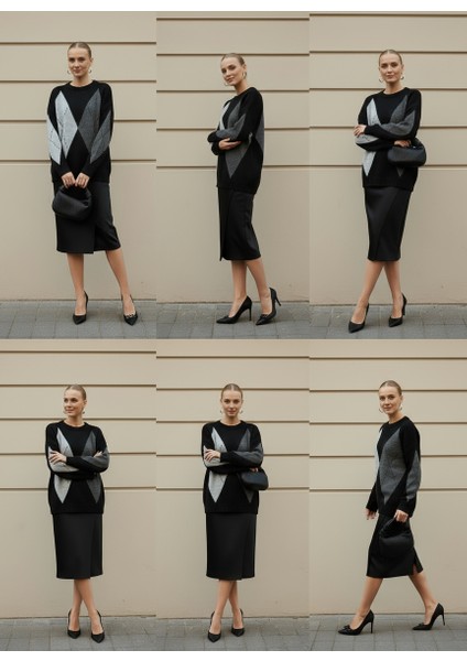 Kadın Baklava Desen Şık Bisiklet Yaka Bisiklet Yaka Kazak