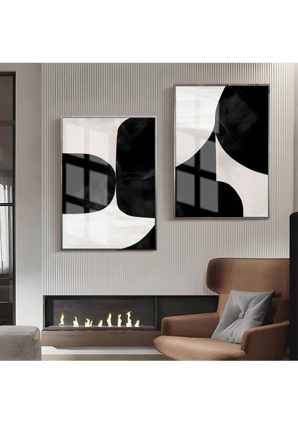 | Siyah-Beyaz Soyut Kombin Abstrct-01 |çerçeveli Cam Tablo 2li Dikey