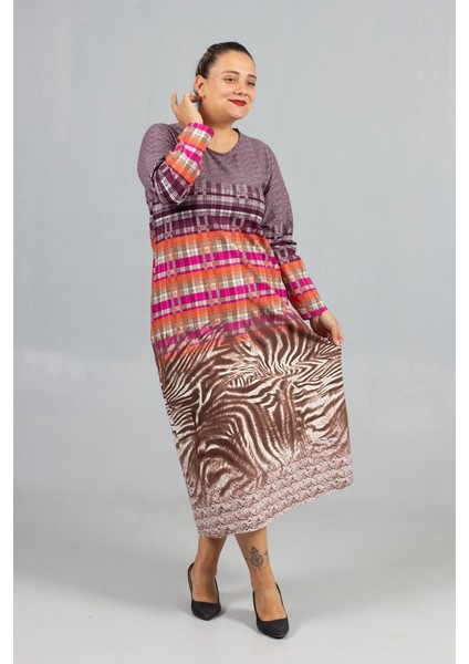 Desenli Pamuklu Kalın Penye Büyük Beden Elbise Modelleri