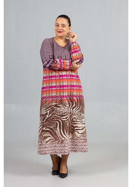 Desenli Pamuklu Kalın Penye Büyük Beden Elbise Modelleri modelleri