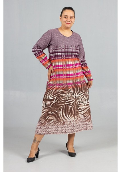 Desenli Pamuklu Kalın Penye Büyük Beden Elbise Modelleri fırsatları