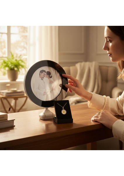 Kişiye Özel Fotoğraflı Sihirli Ayna ve Papatya Kolye