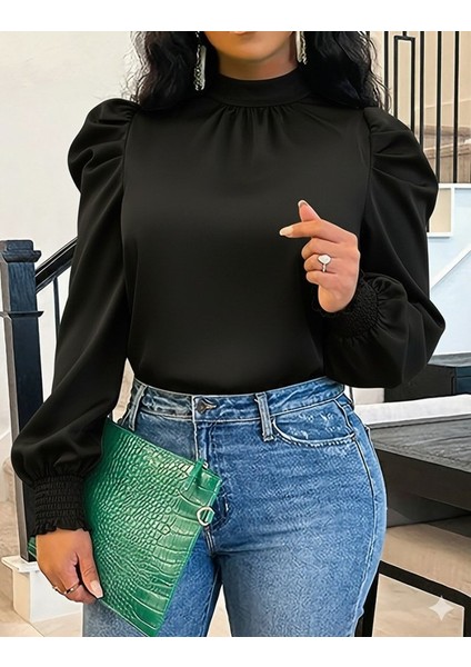Kadın Uzun Kollu Balıkçı Yaka Arkadan Bağlamalı Omuzlardan Balon Ithal Krep Bluz