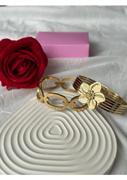 Çelik Taşlı Bileklik 2'li Şık Set Kombin Kadın Bileklik Altın Gümüş Renk Sevgiliye Hediye Kutuluu