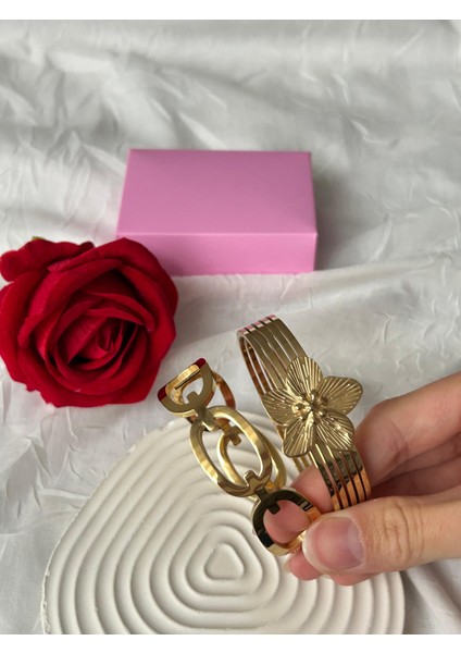 Çelik Taşlı Bileklik 2'li Şık Set Kombin Kadın Bileklik Altın Gümüş Renk Sevgiliye Hediye Kutuluu fiyatları