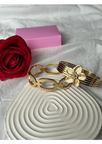 Çelik Taşlı Bileklik 2'li Şık Set Kombin Kadın Bileklik Altın Gümüş Renk Sevgiliye Hediye Kutuluu modelleri