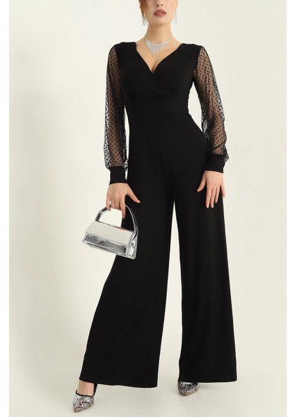 Kadın Derin V Yaka Kolları Puantiyeli Tül Detay Ispanyol Paça Tulum fırsatları