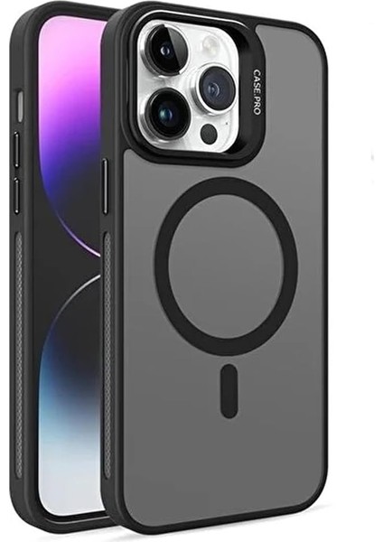 iPhone 15 ile Uyumlu Kamera Lens Aparatlı Stand Olabilen Magsafe ile Uyumlu Kamera Korumalı Şeffaf Full Color Magnetic Wireless Telefon Kılıfı (Siyah, iPhone 15)