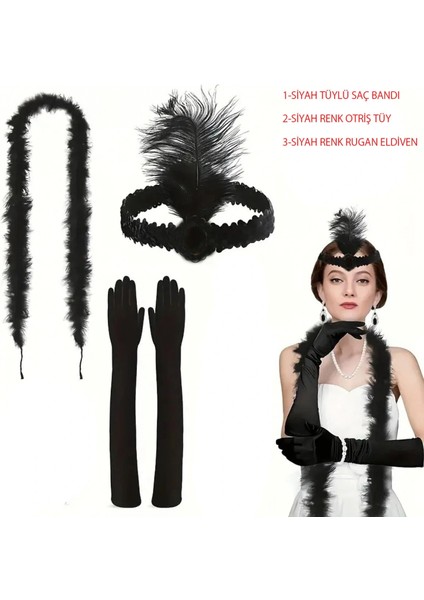 1920’LER Tarzı Siyah Tüylü Saç Bandı, Rugan Siyah Eldiven ve Siyah Otri̇ş Seti