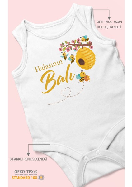 Halasının Balı Baskılı Bebek Zıbını – Çıtçıtlı Body 8 Renk | %100 Pamuk Sıfır Kol